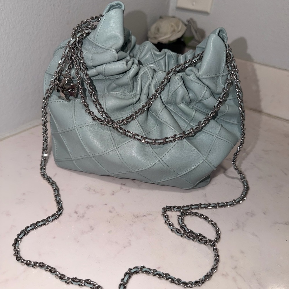 Tory Burch Fleming Mini Hobo Bag - Elegant Quilted Chain Bag - Light Blue